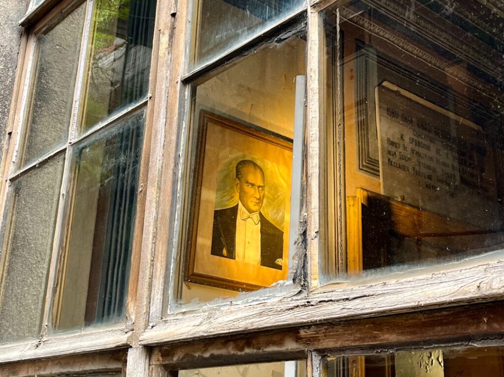 Portrait seen through a dusty, broken window pane