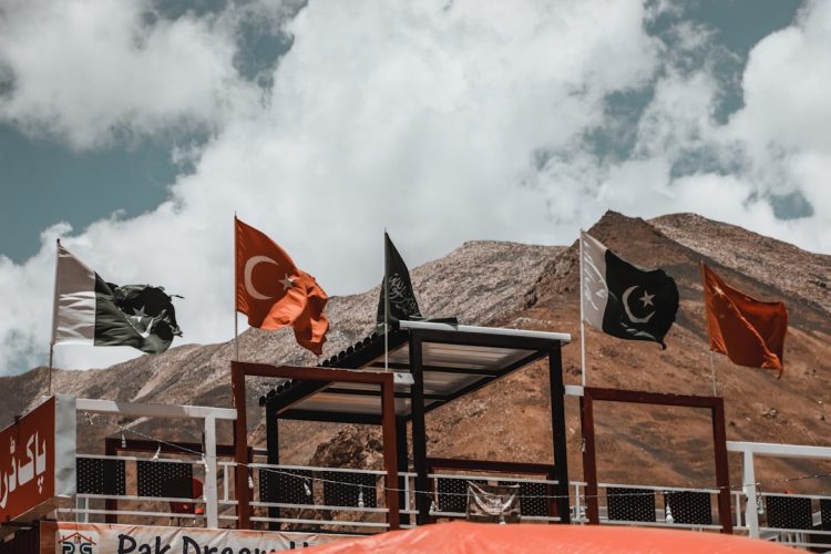 There are many flags flying in the sky
